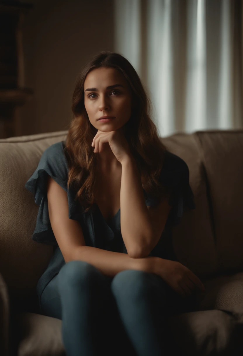 A 25-year-old girl with folded arms with a sad face, sitting on a couch in a softly lit house