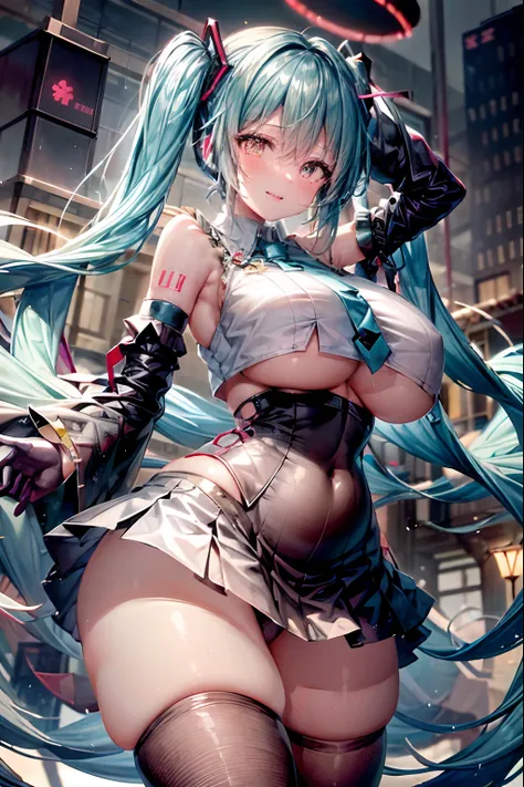 Create an image for the cover of Chapter 6 of the book 2067 with hatsune miku facing the viewer looking concerned,1girl, aqua_hair, areolae, bare_shoulders, black_legwear, blue_hair, blush, breasts, cosplay, gigantic_breasts, gloves, gradient_hair, grey_ba...