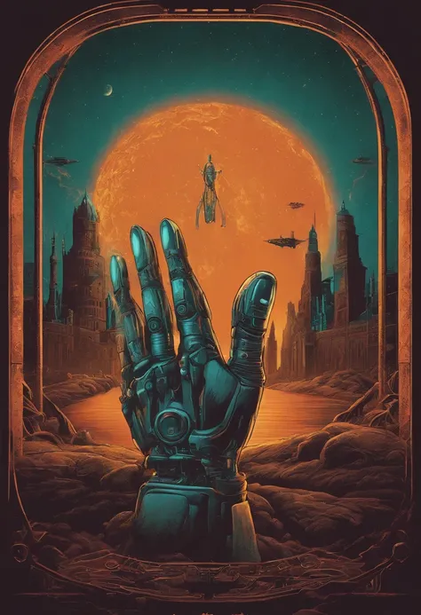 Robots hand reacing human hand ,Creation Of Adam Michelangelo, illustration painting. old creepy cover art, futuristic poster style, creepy retro horror pulp art 90s, lovecraft ART STYLE. GLOOM GALAXY BACKGROUND. GOTIC ART STYLE,