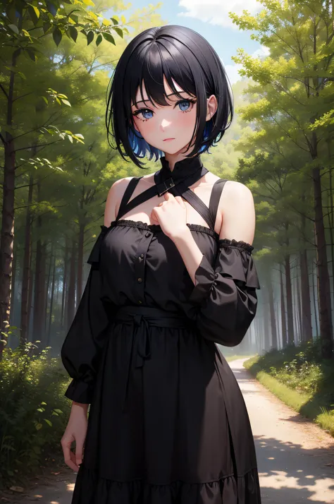 1girl, short black hair, blue eyes, wearing greek clothes, forest, absurdres, high res, ultrasharp, 8K, masterpiece, looking at viewer