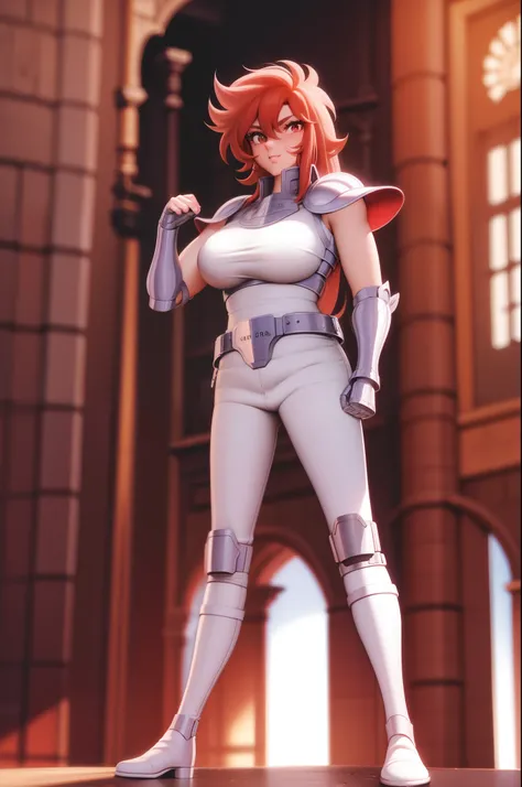 tomboy, full armor ,big breast, full body, red hair, smile, boots, pants, full body, standing