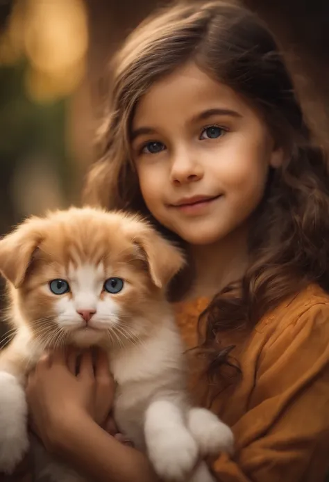 Girl holding a cat and a dog，adolable，moe style