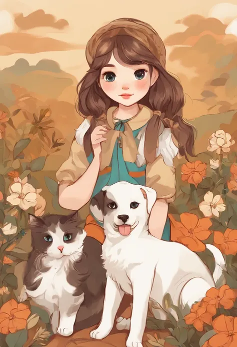 Girl holding a cat and a dog，adolable，moe style