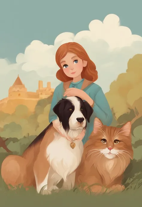 Girl holding a cat and a dog，adolable，moe style