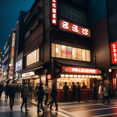 there are many people walking down the street in the city, tokyo street background, tokyo street cityscape, seoul, japanese downtown, in front of ramen shop, tokyo akihabara street cityscape, restaurant exterior photography, in the streets of tokyo, best o...