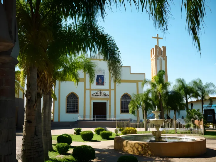 arafed view of a church with a fountain and palm trees, bispo do rosario, church, in chuquicamata, religión, beautiful image, full - view, exterior, parce sepulto, center, clean image, adreas rocha, seen from outside, church cathedral, churches, religious,...