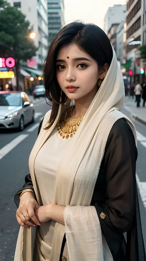 (((desi girl))), chubby face, natural skin, wearing hot deep neck top and dupatta, charming black hair, ((hair ends are blonde)), city streets background, bokeh