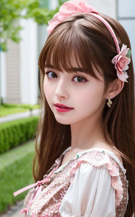 best quality, ultra high res, (photorealistic:1.4), (detailed beautiful girl:1.4), (medium breasts:0.8), looking_at_viewer, Detailed facial details, beautiful detailed eyes, bangs，straight hair，pink lolita dress, flowers，brown eyes, slender, haunting smile...