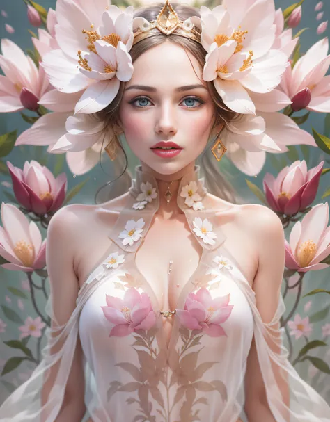 Beautiful Magnolia Princess, Arnouveau style, symmetrically, fondness, sunlight rays, airiness, grace, Floral ornament, chiffon, Silk, Correct eye proportions, expressive eyes, long eyelashes, plump wet lips, Texture skins for the face, A lot of air, higly...