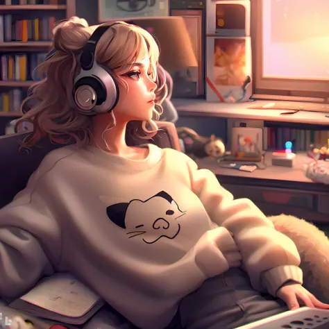 menina anime com fones de ouvido sentados em uma cadeira com um laptop, retrato lofi, menina lofi, elogio artstyle, arte lofi, a...