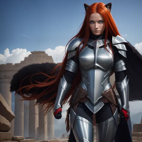 Beautiful muscular woman, Warrior, Minimalist titanium armor, There is a beautiful ornament on the armor, Long red hair, Bright blue eyes, Short cape made of black wolf fur, The Ancient City, debris