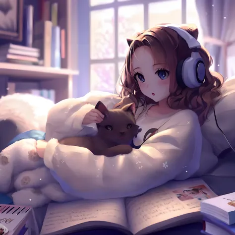 Menina anime com fones de ouvido e um gato deitado em uma cama, night core, menina anime com orelhas de gato, gato anime bonito, Papel de parede aconchegante, estilo anime 4K, gato anime bonito, Arte no estilo de Guweiz, menina anime bonito, gato anime, am...