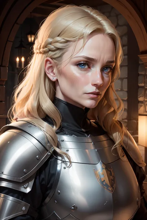 Forty-year-old woman, Thoughtful, plate armor, knight, paladin, Modest, strict, European face, large facial features, Eagle Nose, wrinkles, ruddy face, Honey hair, blue eyes, Sloppy hairstyle, portraite of a, Medieval times, Middle Ages, subdued tones, nig...