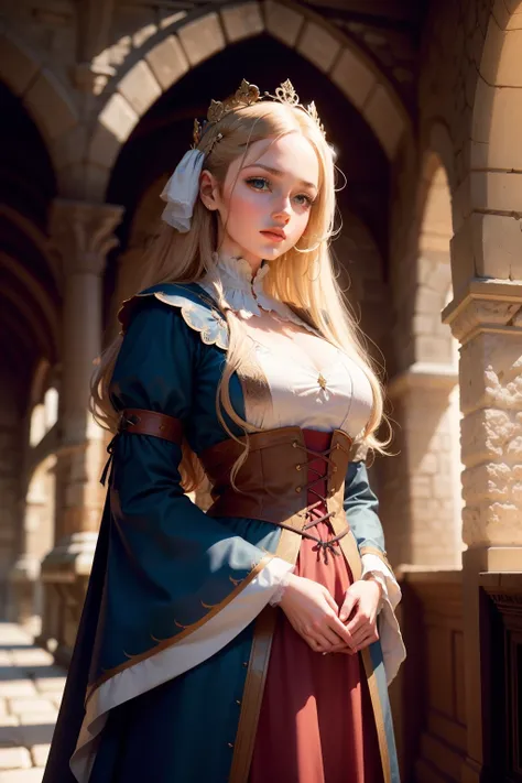 create for me a very beautiful woman in medieval clothes and she is inside a castle