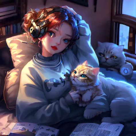 beautiful 2D illustration,girl with Chanel hair,studing in her room,cold day,sweatshirt,shell style headphones,cat lying on her lap,television off,cute image,(best quality,4k,8k,highres,masterpiece:1.2),ultra-detailed,(realistic,photorealistic,photo-realis...