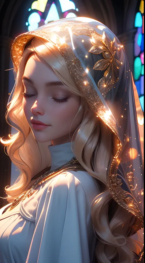 masterpiece, 1 girl, 3d, 3dmm, finely detailed, quality, mirrornun, rembrandt lighting, (masterpiece:1.2), (photorealistic:1.2), (best quality), (detailed skin:1.3), (intricate details), dramatic, ray tracing, 1girl, blonde hair, long curls hair, eyes clos...