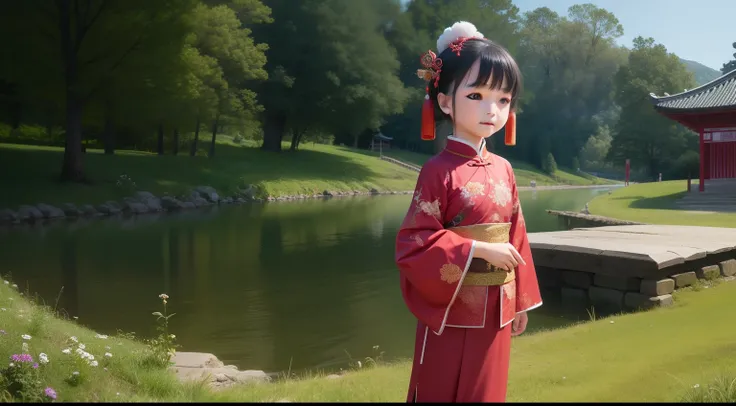 Chinese Ancient Times，A little girl standing at the head of the village，Hyper-realistic，hyper-detailing