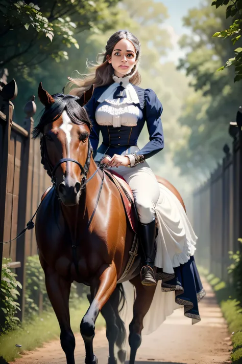 French woman in Victorian era riding outfit, walking next to a horse, magali villeneuve, graphic artist magali villeneuve, magali villeneuve and monet, inspired by Magali Villeneuve, by Magali Villeneuve, by Roman Bezpalkiv, of a beautiful bunette, raw, 8k...