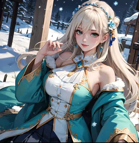 (masterpiece:1.2, best quality), (real picture, intricate details), 1lady, solo, upper body, snow, snow setting, snowing, long hair, minimal makeup, natural fabrics, close-up face, smile, really long platinum blonde hair, bangs, hair bangs, bangs between e...