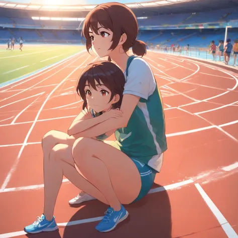 A scene where a womens track and field coach is standing next to a girl who is sitting in the stands, observando atentamente alguns atletas correndo na pista de atletismo. The girl seems to be completely absorbed in the action, com os olhos fixos nos corre...