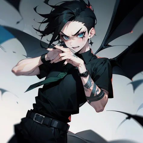 Man in shirt and tie, Male Focus, a belt, Black shirt, The tattoo, Short sleeves , Short hair, Black Short Sleeve Polo Shirt, Green tie, Black pants, punk, Raised eyebrows, Floppy bangs, Spiky back hair, Undercut , Simple black earrings, devil, Bat, Angry ...