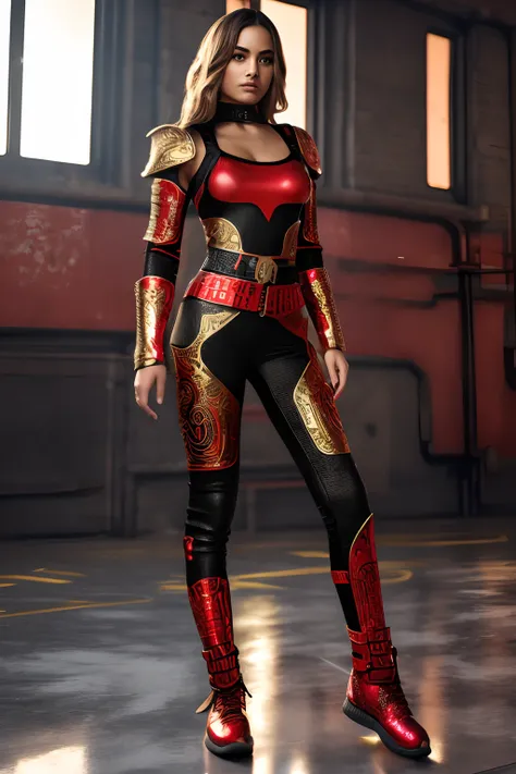 3d, Radiant red bodysuit with complex gold patterns. 1girl, She pulsates with inner explosive energy, Armored chestplate with timer motifs. Leggings shimmer like lit fuses. Combat boots, beautiful woman, Her intense gaze, she is a symbol of strength --auto