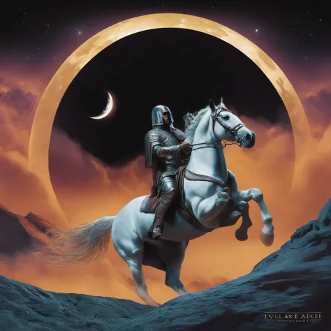 arafed image of a man riding a horse with a moon in the background, highly detailed cover art, detailed cover artwork, high detailed official artwork, official artwork, taken in the night, album art cover, new album cover, album artwork, album art, album c...