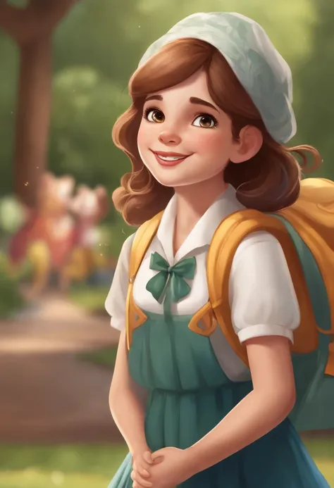 Describe an adorable juvenile character who wears a school uniform. The character is a lively and energetic child, vestindo uma camiseta de cor clara e uma gola escura que. Este personagem tem uma personalidade encantadora, cabelos brilhantes e um sorriso ...