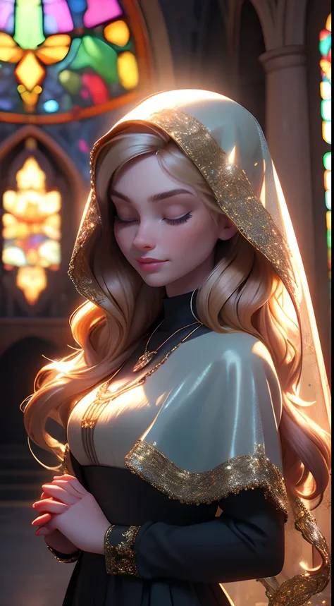 masterpiece, 1 girl, 3d, 3dmm, finely detailed, quality, mirrornun, rembrandt lighting, (masterpiece:1.2), (photorealistic:1.2), (best quality), (detailed skin:1.3), (intricate details), dramatic, ray tracing, 1girl, blonde hair, long curls hair, eyes clos...