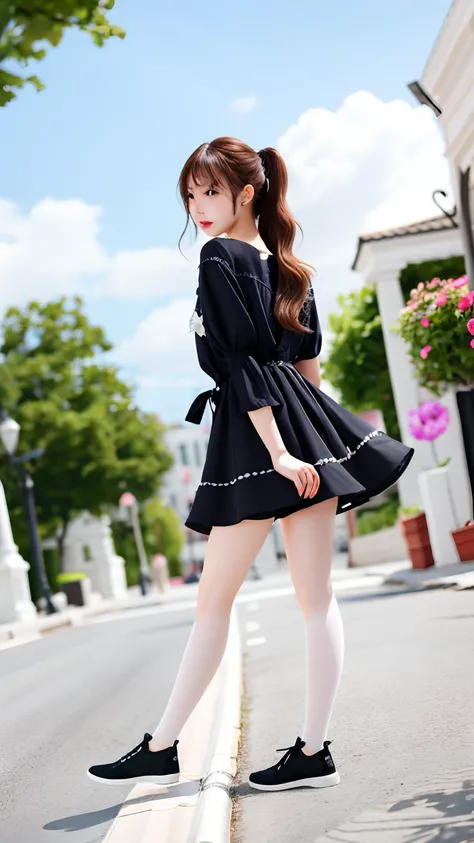 best quality, ultra high res，(photorealistic:1.1), (detailed beautiful girl:1.1), (medium breasts:0.8), looking_at_viewer, white socks，Detailed facial details, beautiful detailed eyes, bangs，straight hair，pink lolita dress, fashion， flowers，brown eyes, sle...