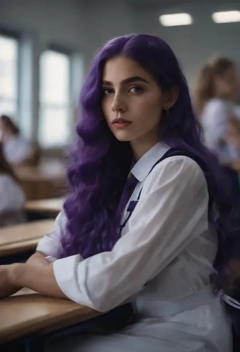 An eighteen-year-old girl with long purple hair in a sailors suit is sitting in a classroom (escola 1.5 em segundo plano) (expression serious, frio 1.5) (best quality: 1.1) (master part: 1.3) with an unparalleled masterpiece, surreal 8K, Perfect artwork, S...