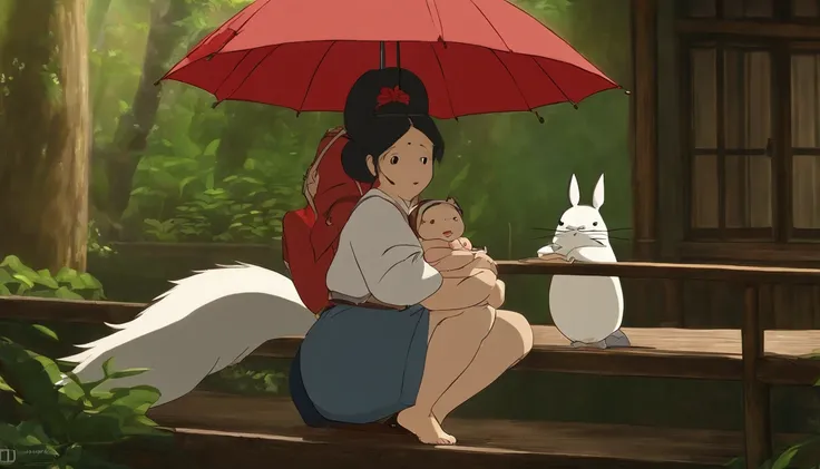 cena de Tonari no Totoro, Ghibli Studio Dash Design, dia de chuvoso, Well-dressed Asian women with white blouse and jeans, Woman with tattoo on arm, holding with red umbrella with baby on lap sitting facing on a stool, rosto detalhado