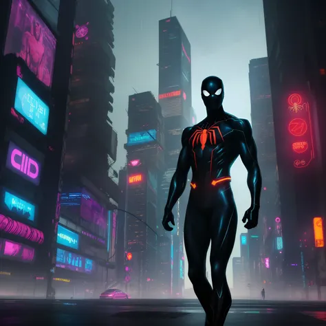 (super detailed and high quality, 4K, futuristic,cyberpunk),(Spider-Man),cyberpunk elements, dark and gritty atmosphere, neon lights, technologically advanced city, flying Superman, superhero in a dystopian world, crumbling buildings, smoke and dust, symbo...