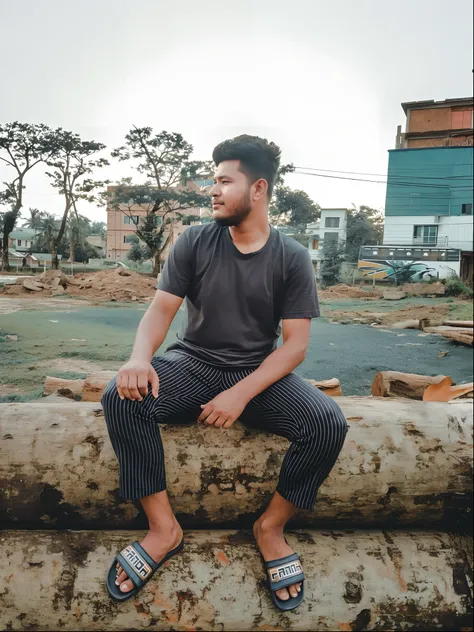 arafed man sitting on a log in a city, in front of a forest background, assamese aesthetic, with a cool pose, stylish pose, sitting on a tree, shot with sigma f / 4. 2, shot with sigma f/ 4.2, casual pose, casual photography, shot on canon eos r5, shot on ...