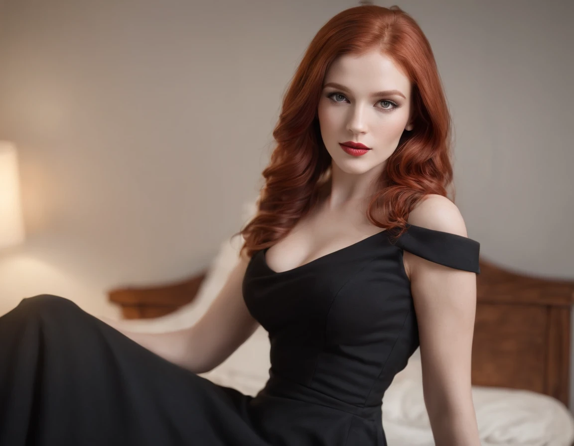 Stable Diffusion prompt: redhead in black dress, seductive gaze, long flowing red hair, black pantyhose, high heels, beautiful, young, on bed, intimate atmosphere, soft lighting, alluring pose, vibrant colors, realistic details, high resolution (4k), photo...