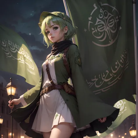 (Best quality, masterpiece), 1 girl, (green night city background: 1.2), green hair, ancient arabic pretty, short hair, holding flag, green flag, ( "Here I am, O Messenger of Allah." written on flag )