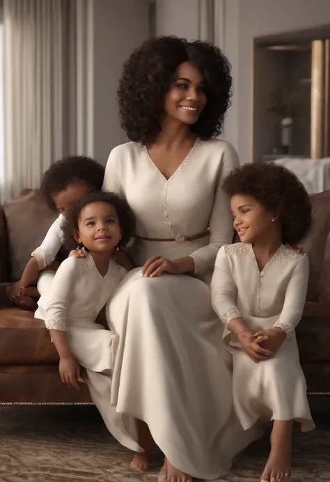 (8k, best quality, master part:1,2), (Realistic, photo-realistic:1,37), Qualidade Superior, master part, a mother of three, sentados no sofa da sala, Three happy children, estilo elegante. Estilo feminino brasileira, Pele negra, Olhos bonitos, medium hair