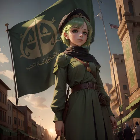 (Best quality, masterpiece), 1 girl, (green night city background: 1.2), green hair, ancient arabic pretty, short hair, holding flag, green flag, ( "Here I am, O Messenger of Allah." written on flag )