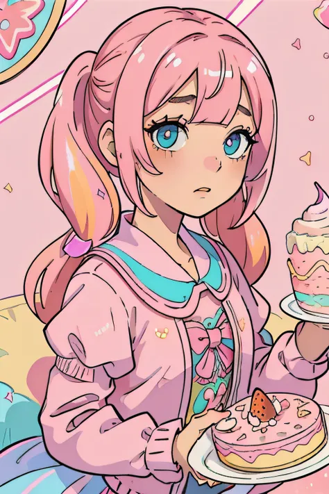 beautiful detailed fashion magazine style, pink hair girl wearing pastel decora fashion, intricate illustration, icecream, sweets, shimmer, iridescent, light particles, cake, strawberries, fruits, dynamic angle, pink theme, blonde hair, twintails, glossy, ...