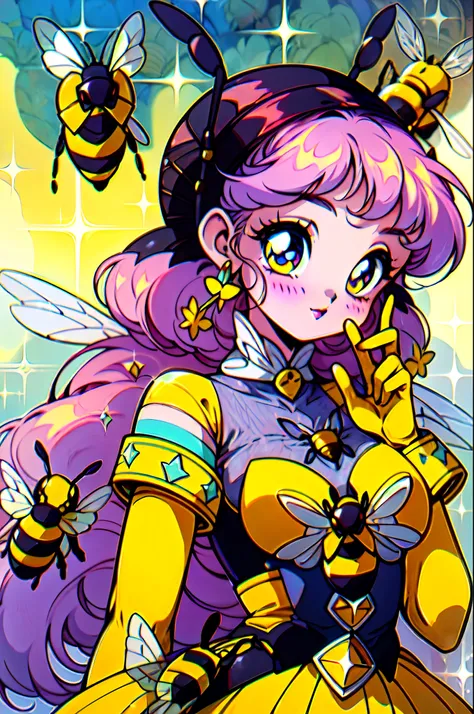 vintage anime magical girl, sparkly, bee girl, wand, (bee:1.5), bee suit, yellow with black stripes, bee hive, honey