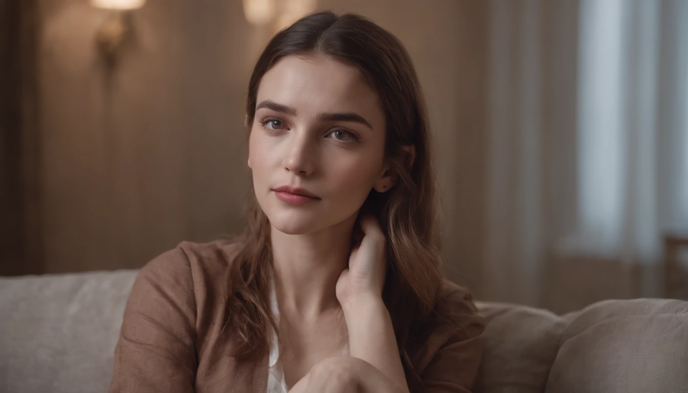 A 25-year-old girl, sad eyes, arms crossed, sitting on a couch in a softly lit room