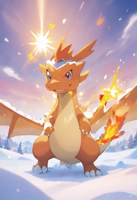 A touching scene in ultra-high definition 3D showcasing      filled with hope and serenity  charizard in middle of snow , blasting bire in fhe sky