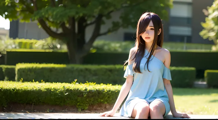 A picture of Nakano Miku sitting in a tranquil garden, her long, azure hair gently swaying in the breeze as she enjoys the serene atmosphere.