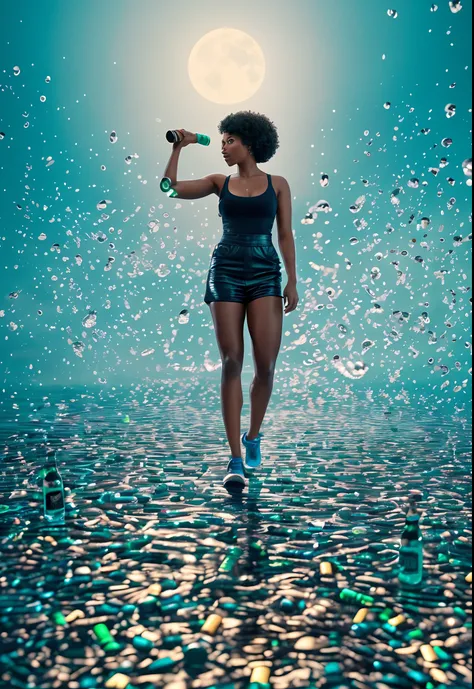 Full body shot of A black woman standing on a wet surface, surrounded by beer bottles and wine bottles floating in the air, blue moon in the sky shining blue light in the scene, with iridescent light, 8k, ultra HD, unreal engine rendered, cinematic lightin...