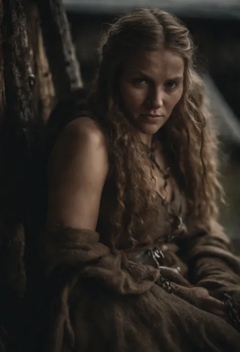 create for me an image of a woman who is a slave to a Viking, she is on his side and she is chained and she is
wearing dirty and torn clothes in a nordic village