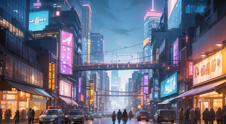 A bustling cityscape pulses with vibrant energy under the neon-lit night sky. Skyscrapers tower overhead, their glass facades reflecting the citys kaleidoscope of lights. The streets are alive with a diverse crowd, each person adding their unique dash of s...