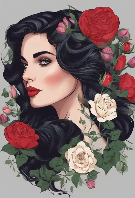 A womans face，Dark bright eyes，Jet black smooth hair，Surrounded by flowers in all directions，Red roses，White rose，Purple tulips，Pink tulips，A sky full of white stars，Green eucalyptus leaves