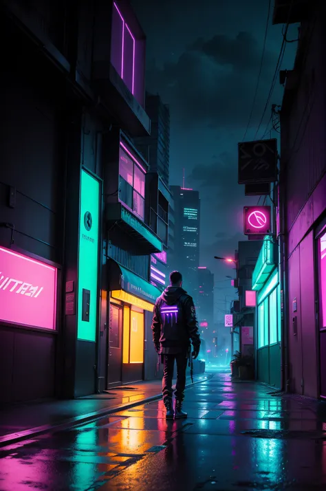 paisagem cyberpunk hiper detalhado, neon light, cores vibrantes, Cyberpunk Immersion, estilo anime, paisagem cidade cyberpunk, night  sky, paisagem ruas, cores vibrantes neon, 8k