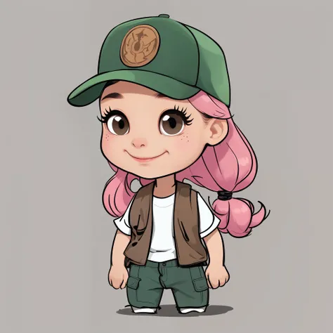 Mia is a girl who likes to explore and discover new things. She has pink hair with a bun, brown eyes, and has an attentive and very smiling look. Style, cartoon, cute art, black outline, high quality, highly detailed. White background. 
She wears a dark gr...