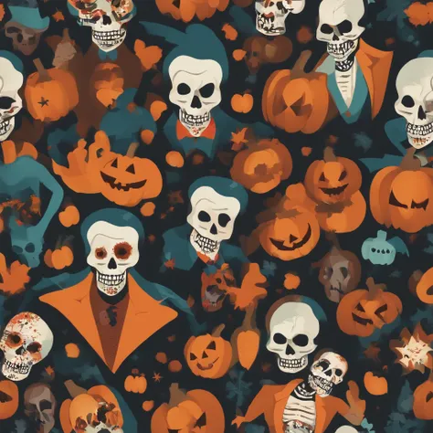 seamless pattern of halloween themed character, zombie and vampire, skull, Kazimir Malevich, vibrant psychdelic colors